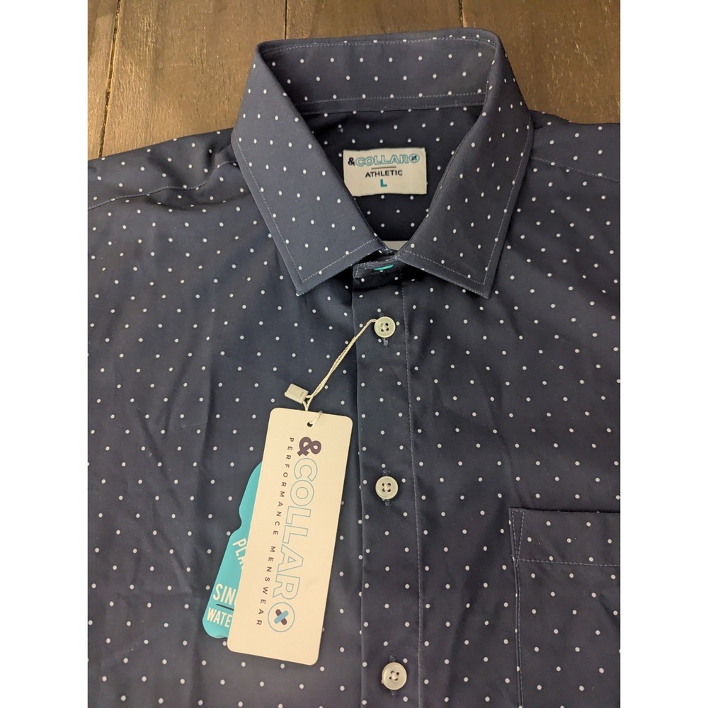 &Collar Athletic Mens Blue Polka Dot Stretch Performance Shirt NWT L